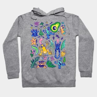 Vibrant Cartoon Dart Frogs Amphibian Pattern Hoodie